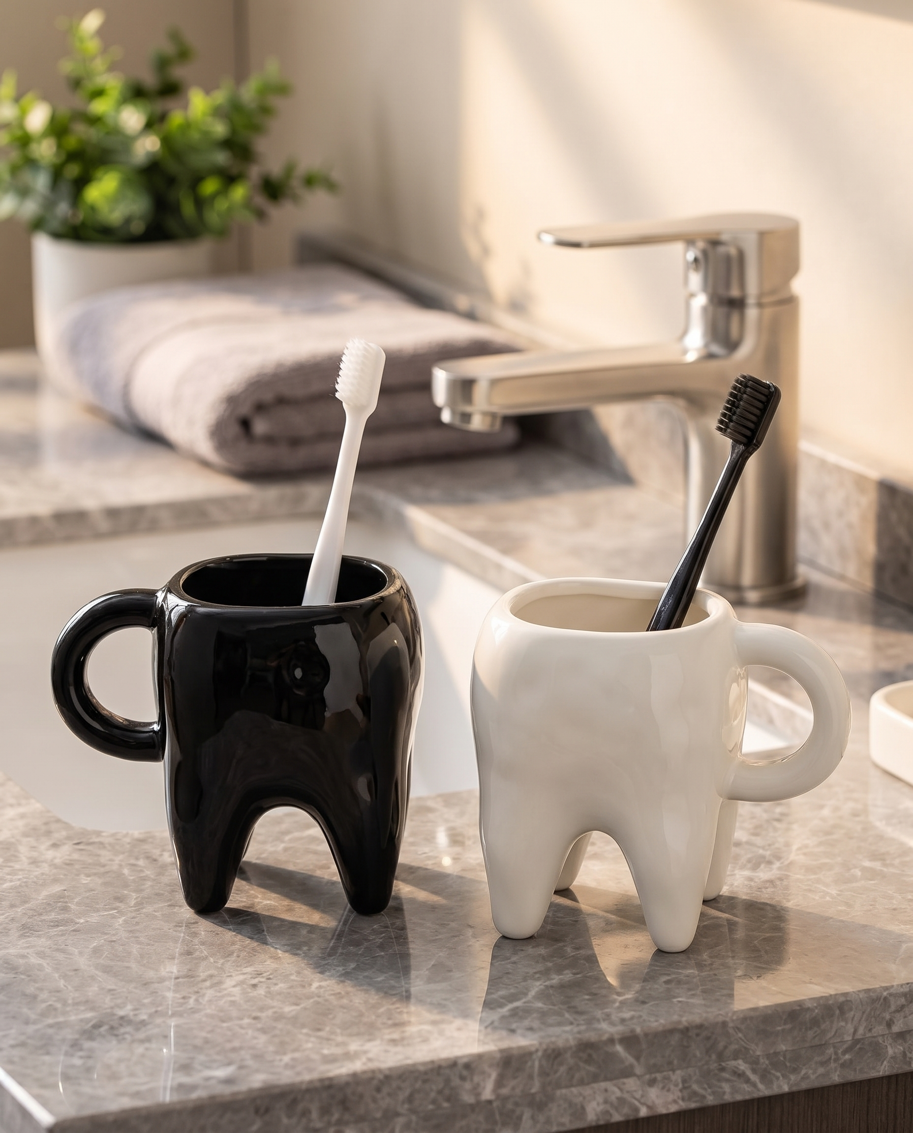 Tooth shaped mug on a marble bathroom counter holding two toothbrushes