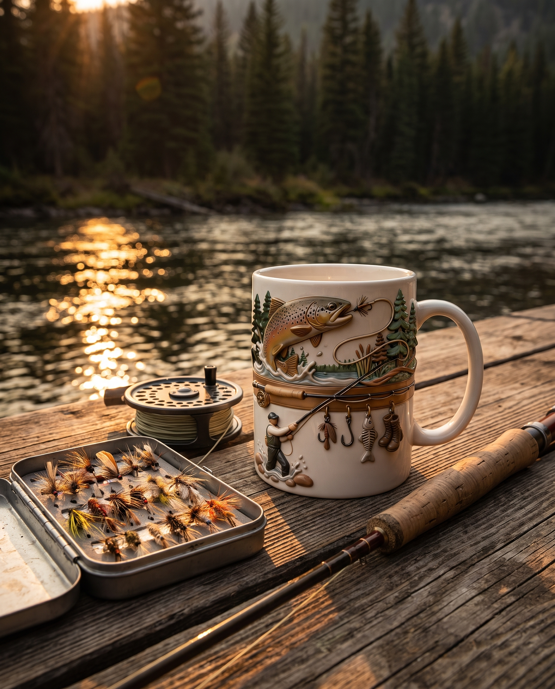 Fishing mug on a riverbank table beside a fly box and reel at golden hour