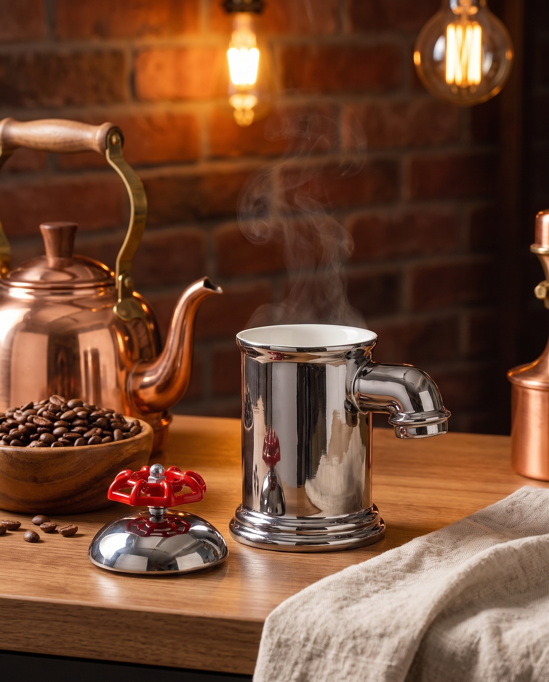 Faucet mug on a wooden kitchen counter beside a copper kettle and coffee beans