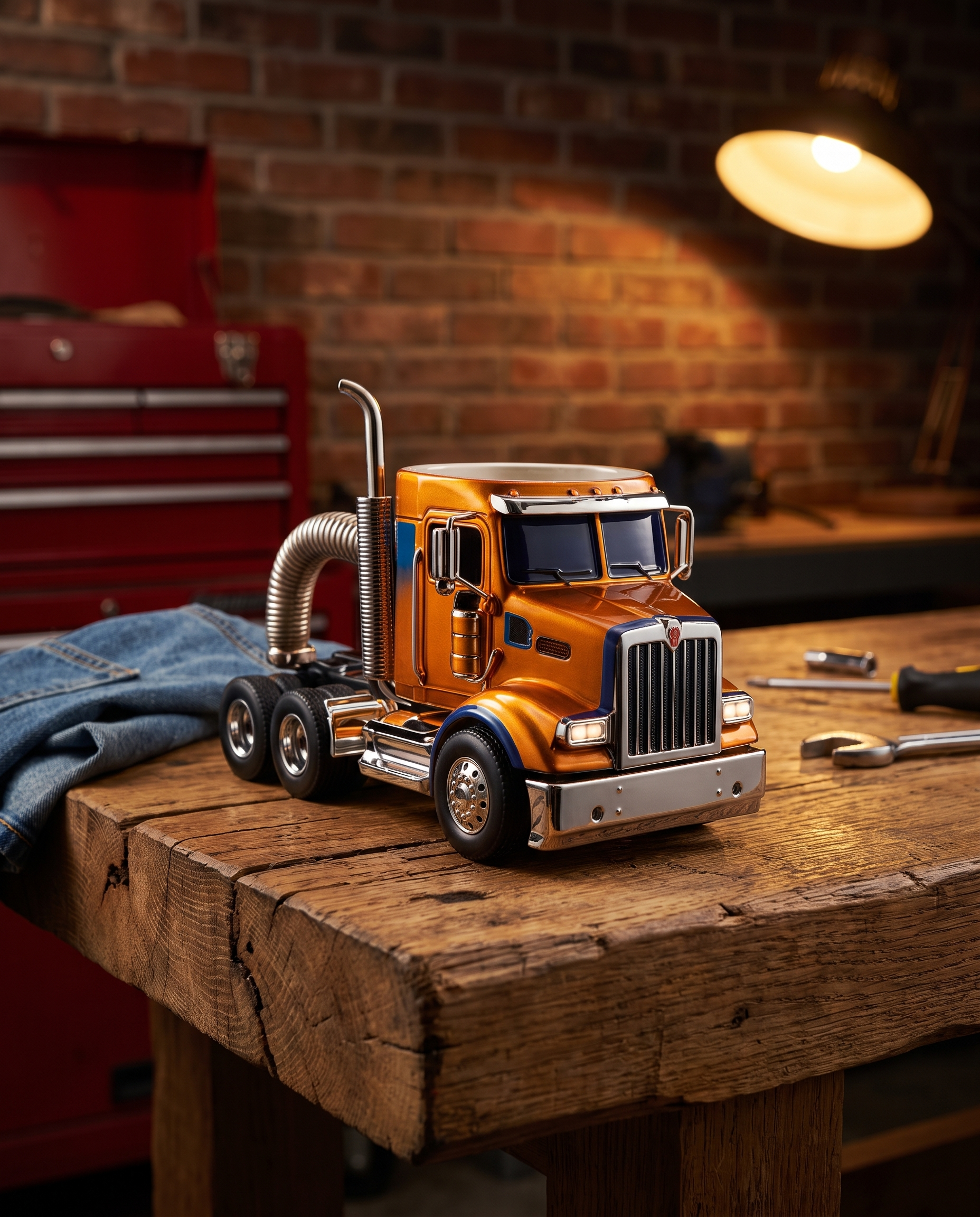 Truck shaped mug on a reclaimed wood workbench in a warm garage