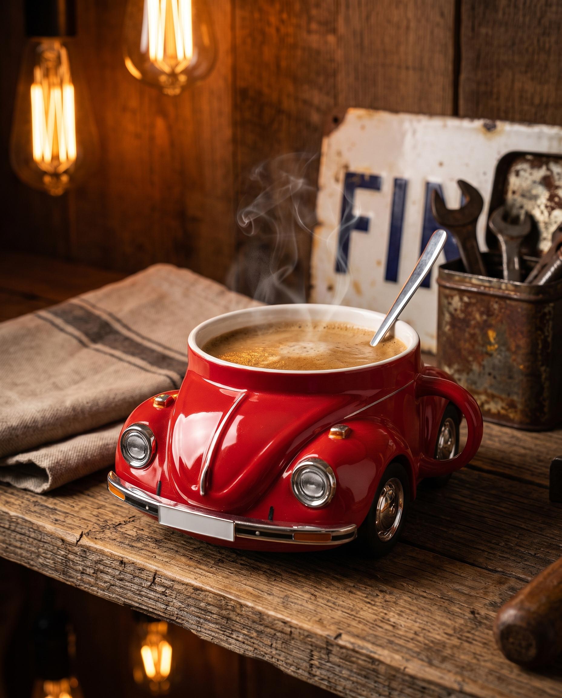 Beetle car shaped mug on a reclaimed wood shelf in a warm workshop