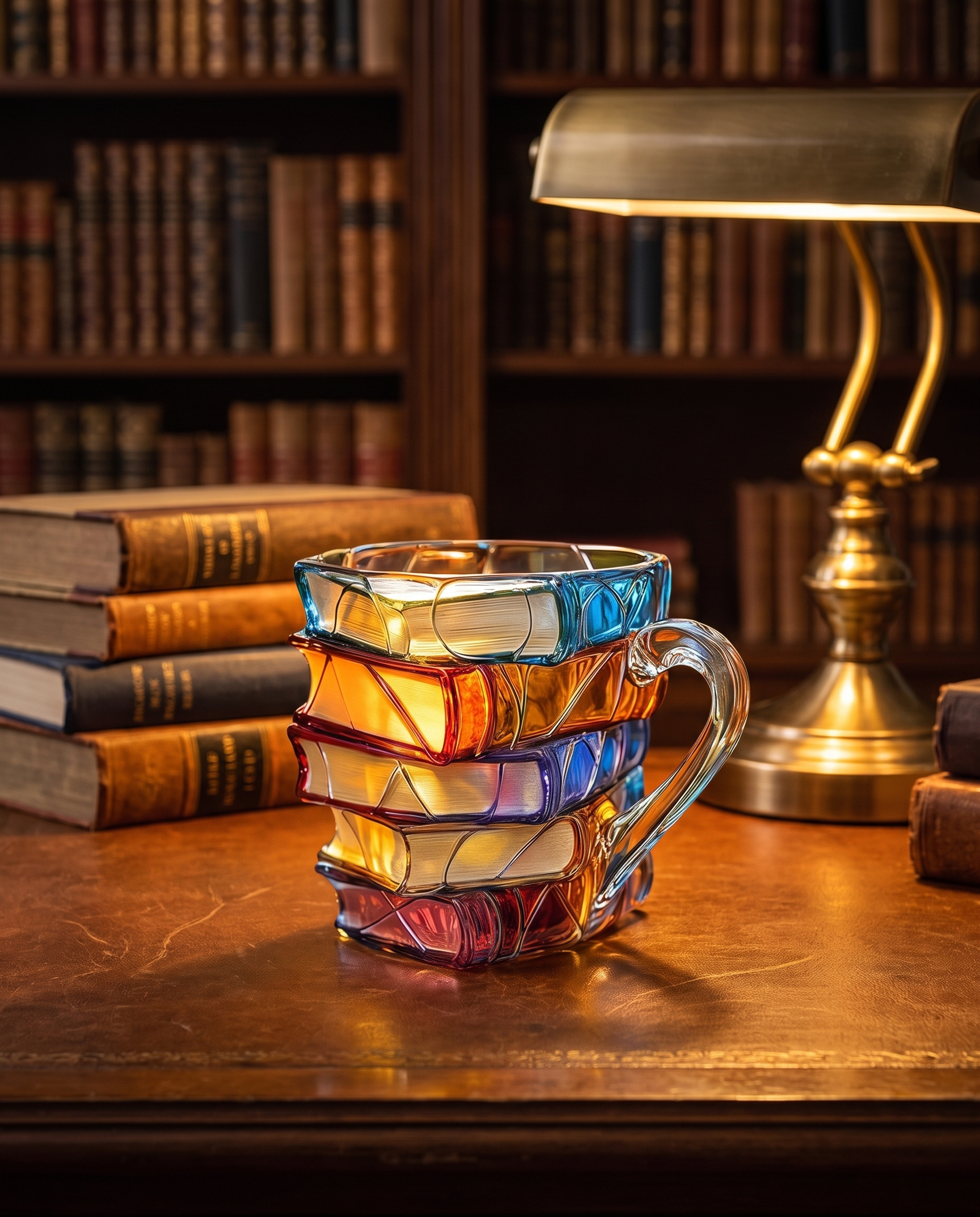 Stacked books mug on a leather topped desk in a warm library corner