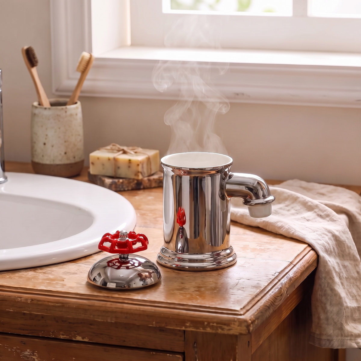 Faucet-shaped mug with the valve lid lifted off, steam from the open top