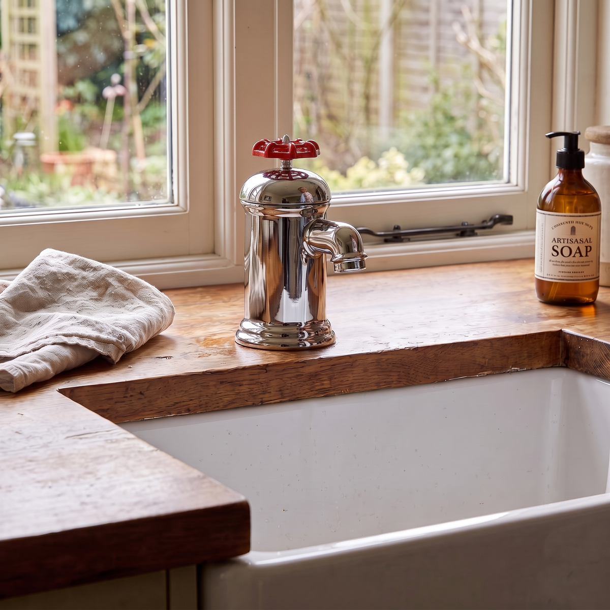 Faucet-shaped mug on a windowsill beside a butler sink