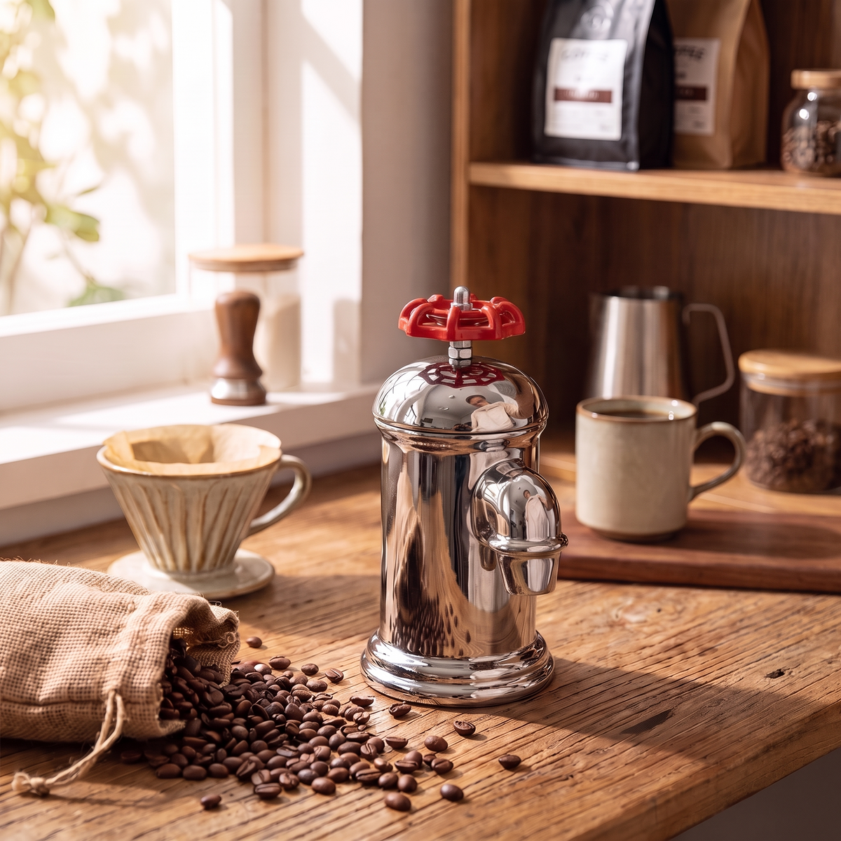 Faucet-shaped mug on a kitchen counter, tap spout solid and dry