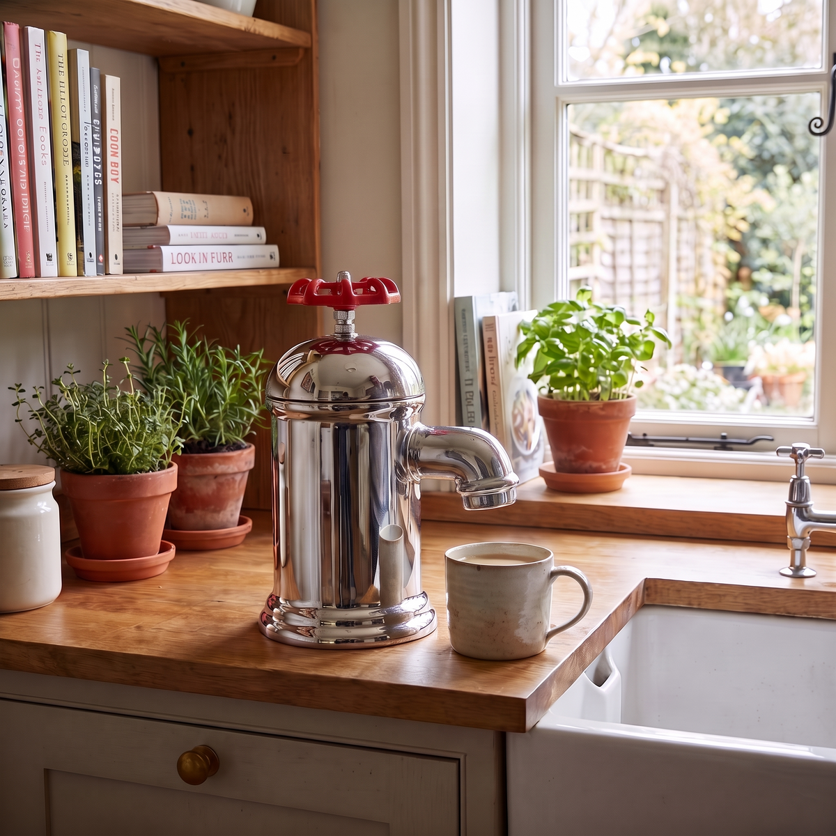 Faucet-shaped mug beside potted herbs on a kitchen worktop