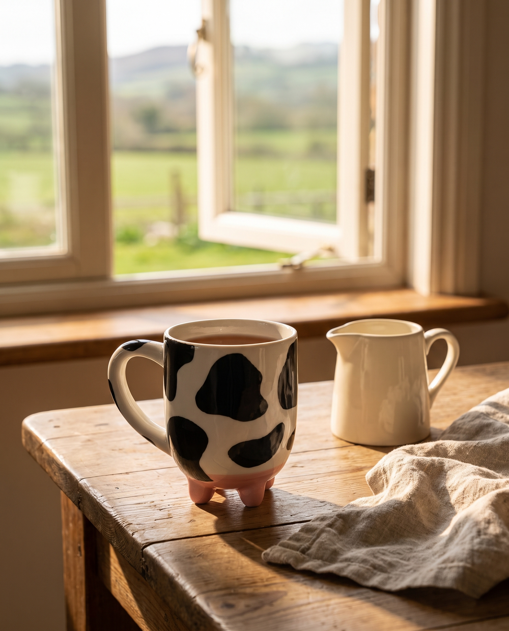 Cow print mug in a farmhouse kitchen