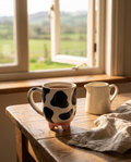 Cow print mug in a farmhouse kitchen