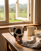 Cow print mug in a farmhouse kitchen