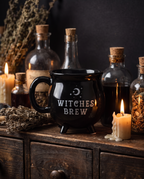Witch brew mug on an apothecary shelf