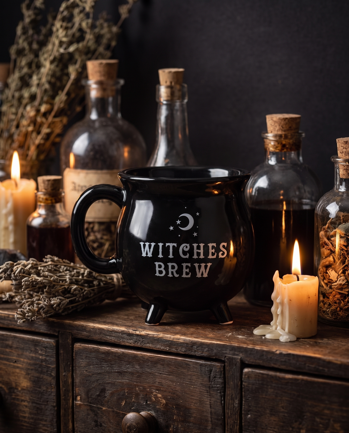 Witch brew mug on an apothecary shelf