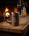 Wooden barrel tankard on an oak bar top