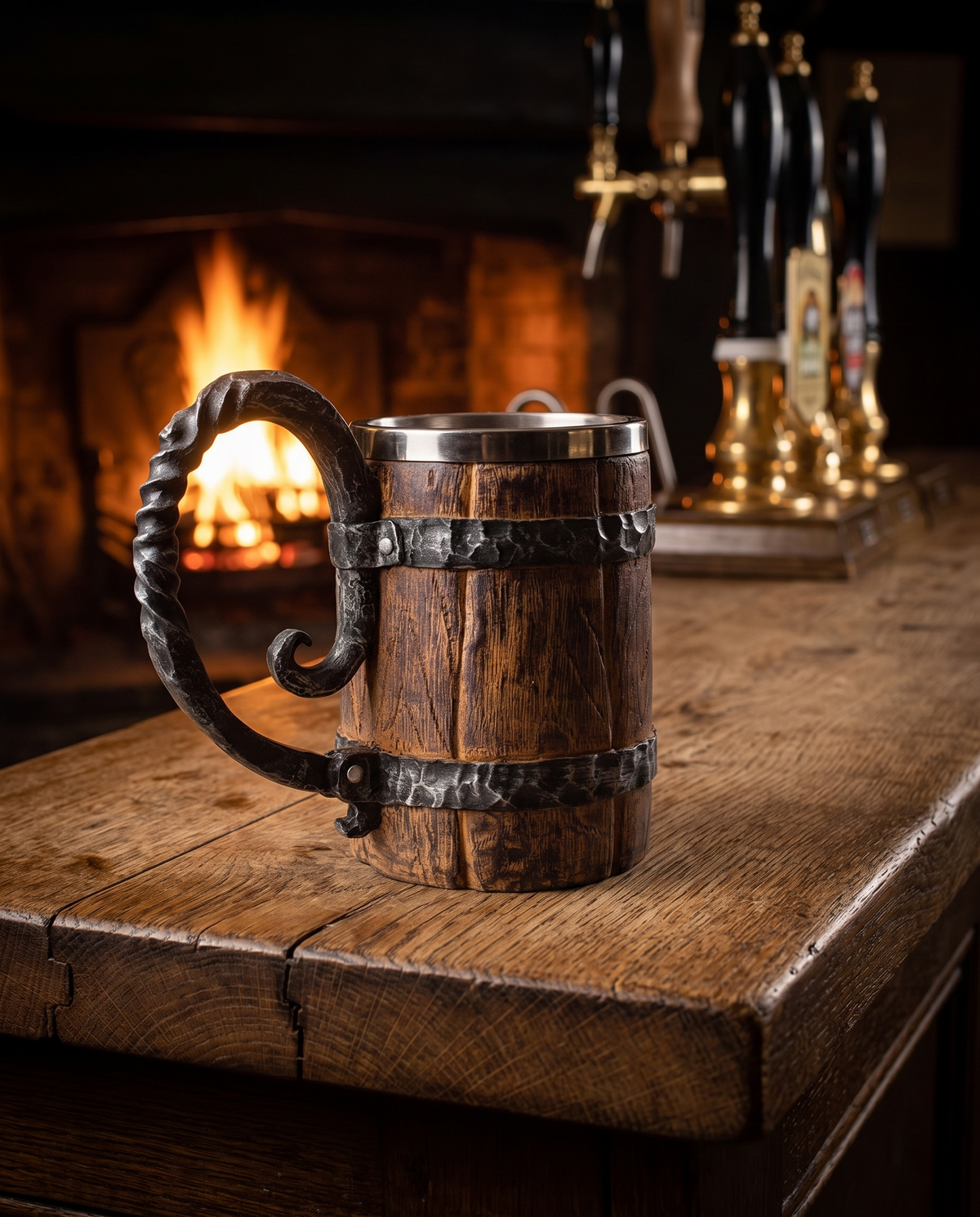 Wooden barrel tankard on an oak bar top