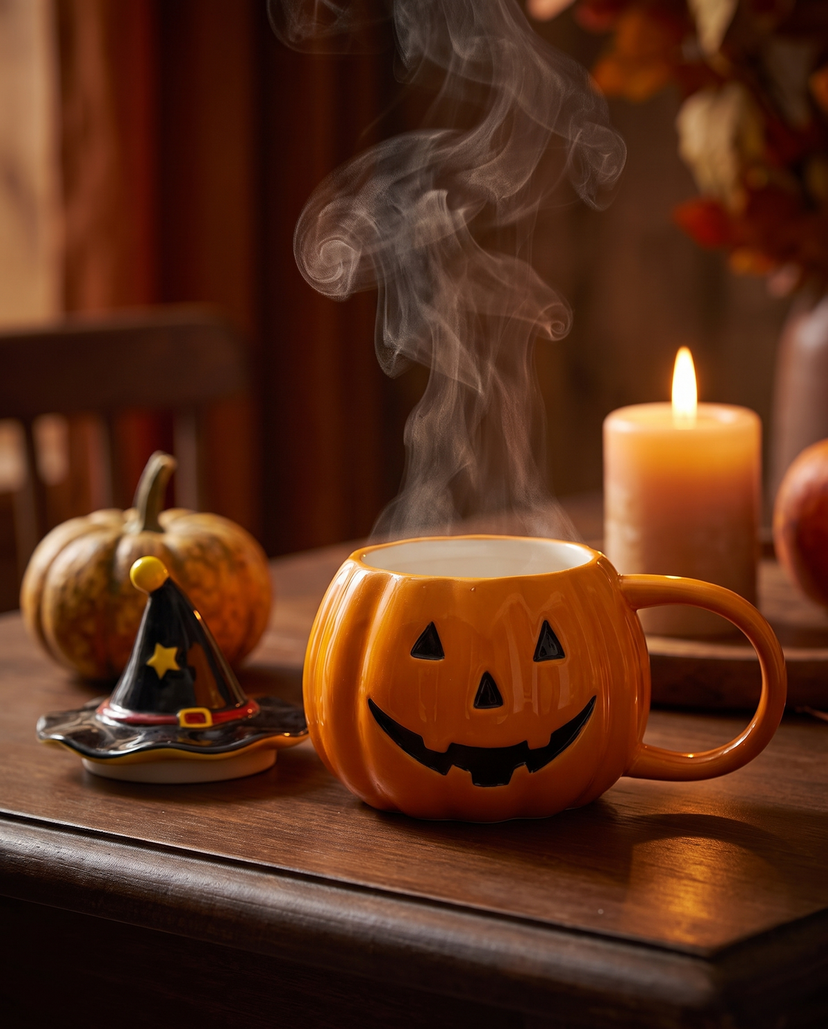 Pumpkin mug with steam rising