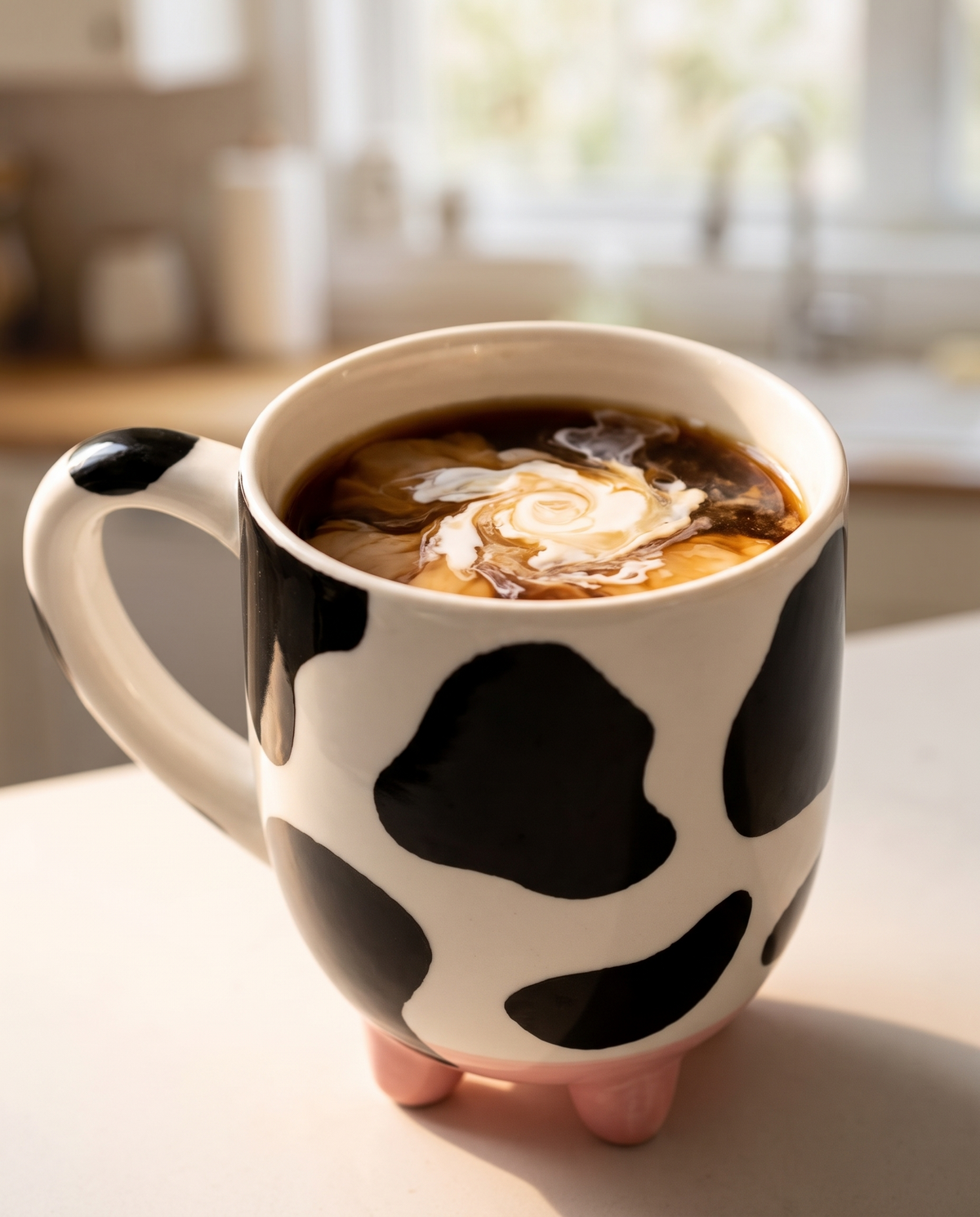 Cow print mug filled with coffee