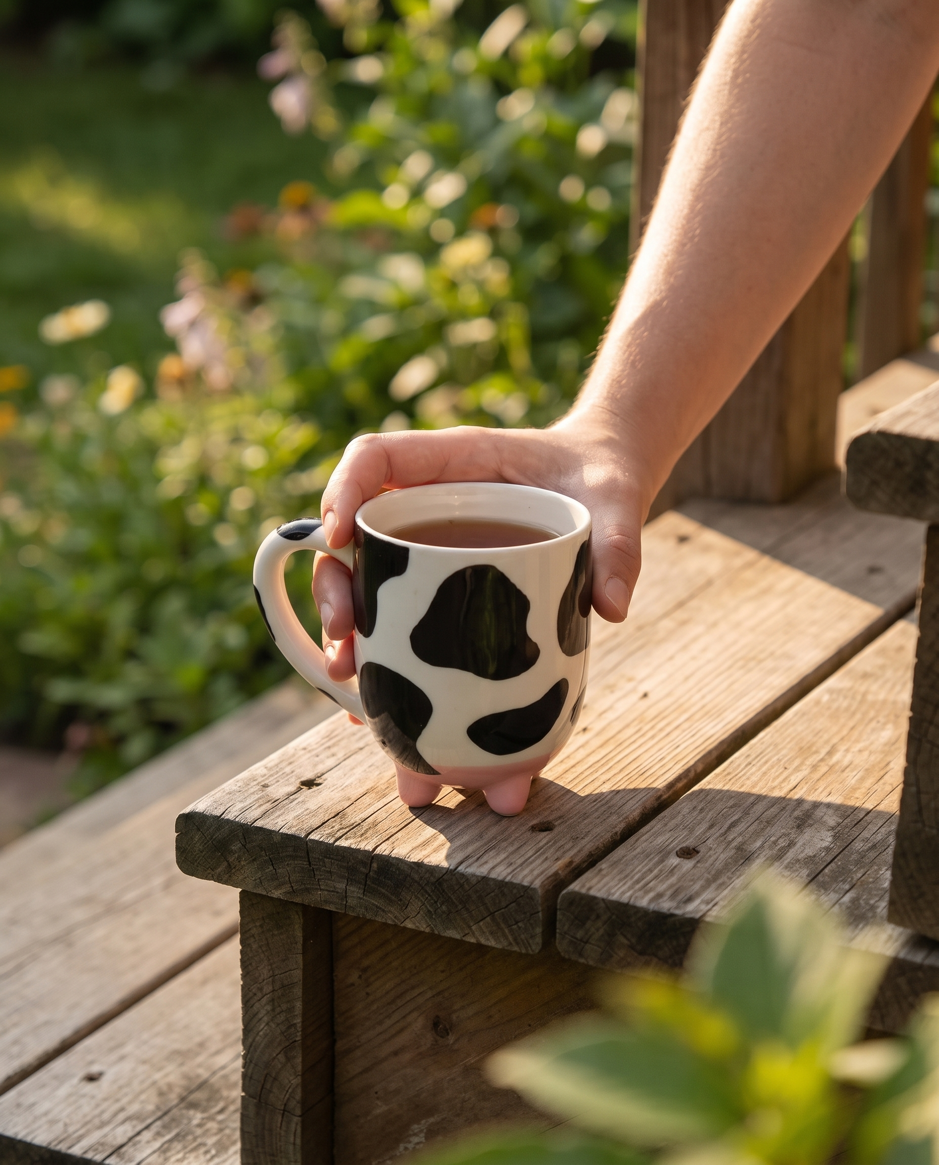 Cow print mug held on a porch