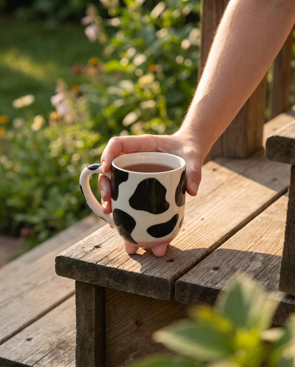 Cow print mug held on a porch
