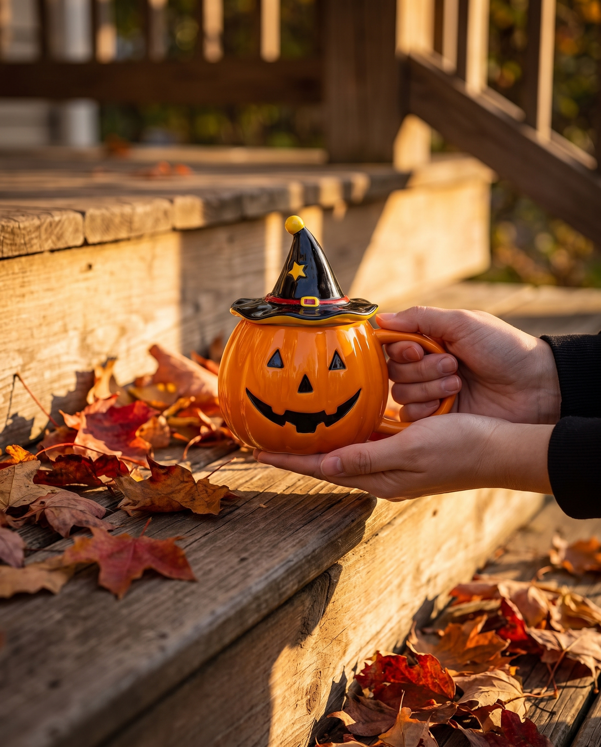 Pumpkin mug held on a porch