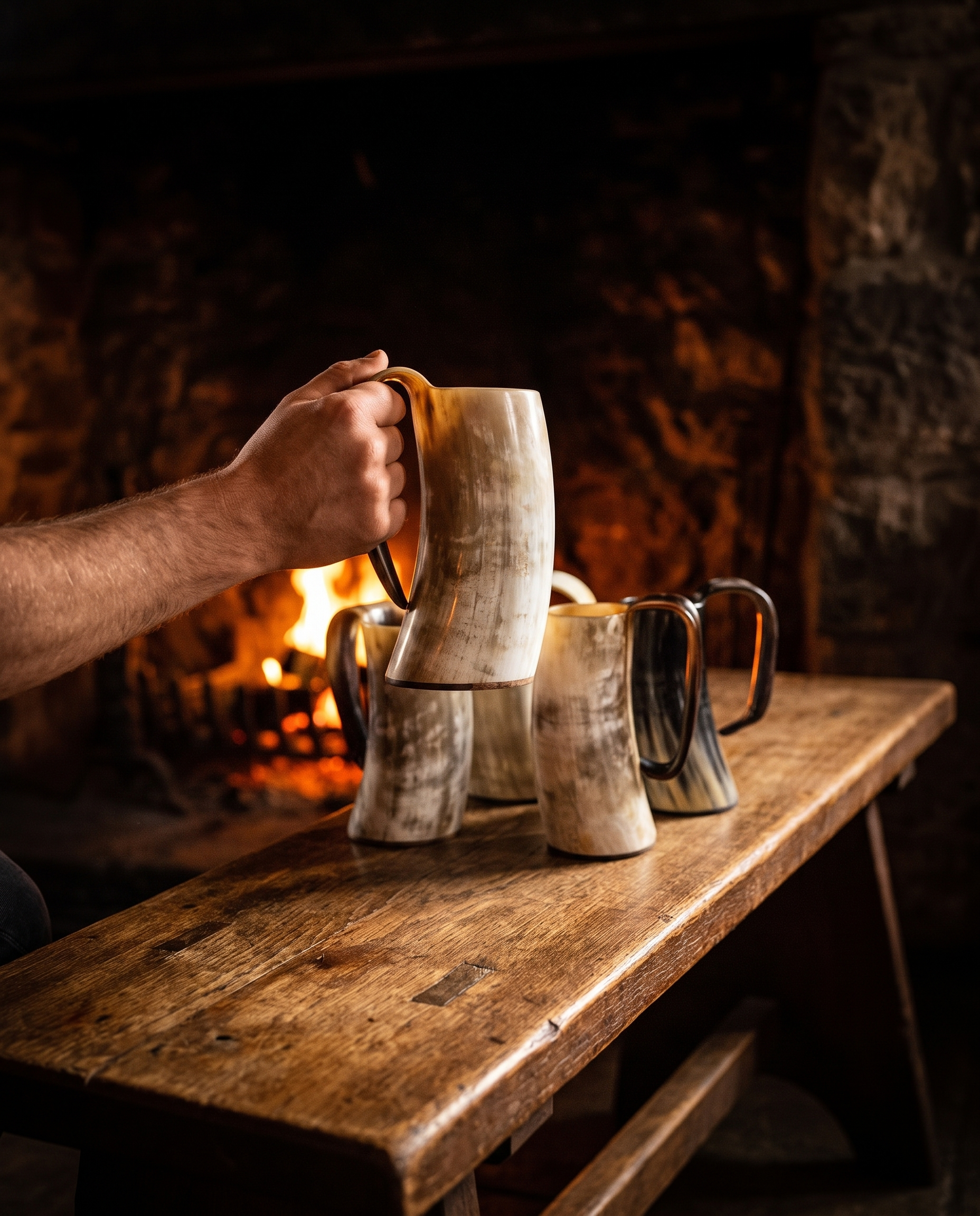 Ox horn tankard raised in a hand