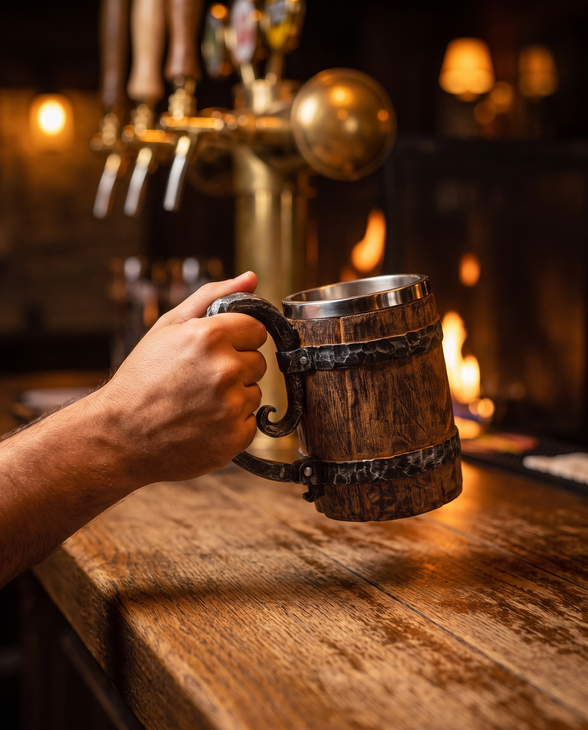 Hand lifting the barrel tankard off a bar