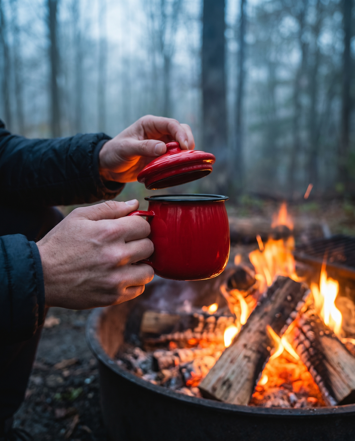 Enamel camp cup held beside a campfire