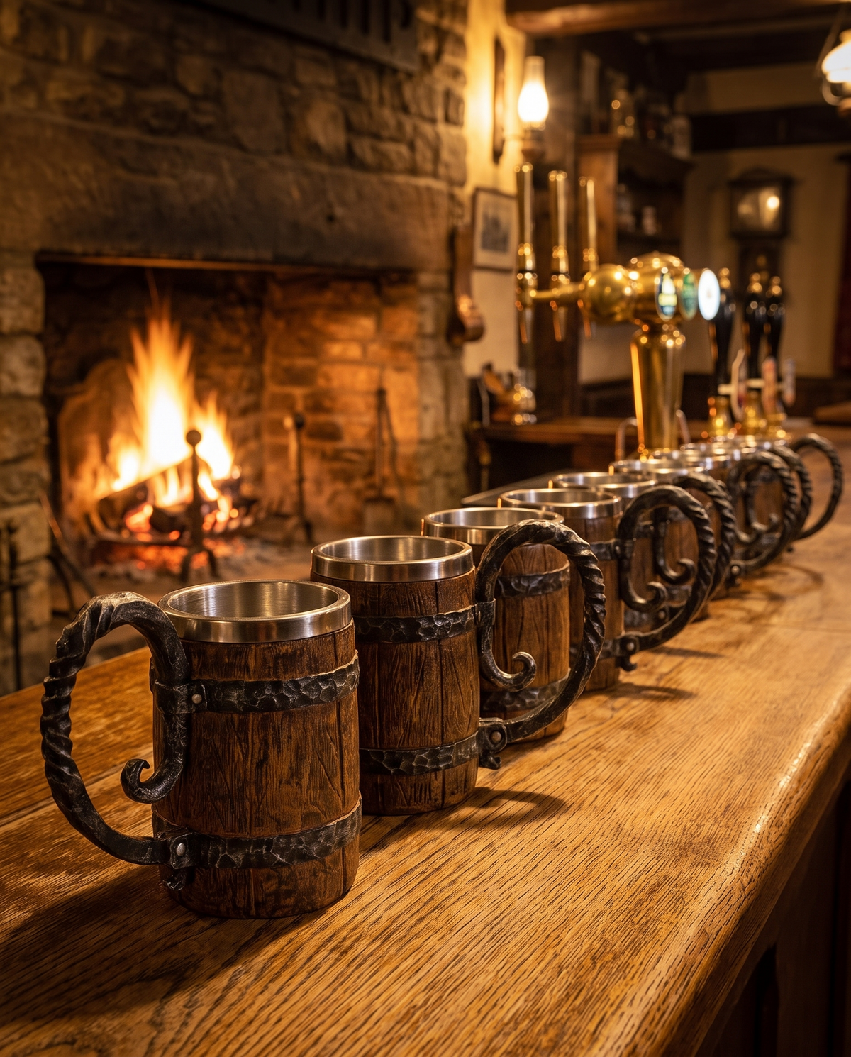 A row of barrel tankards along an oak bar