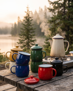 Several enamel camp cups in assorted colours