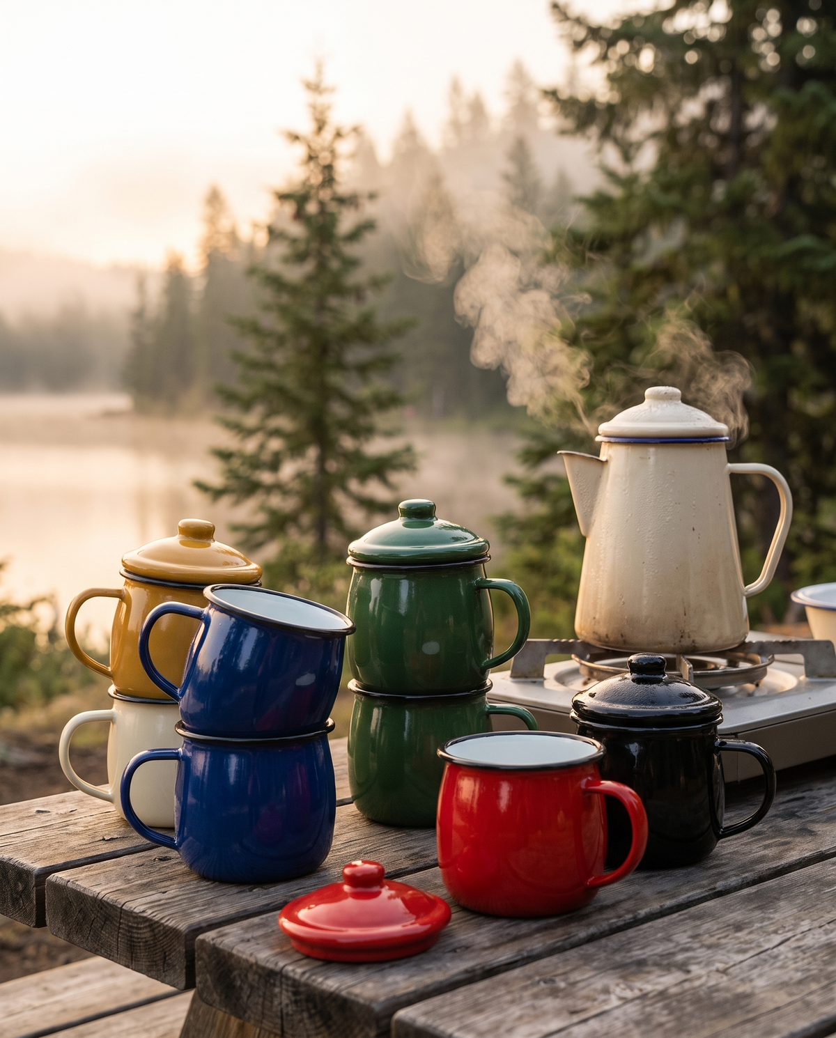 Several enamel camp cups in assorted colours