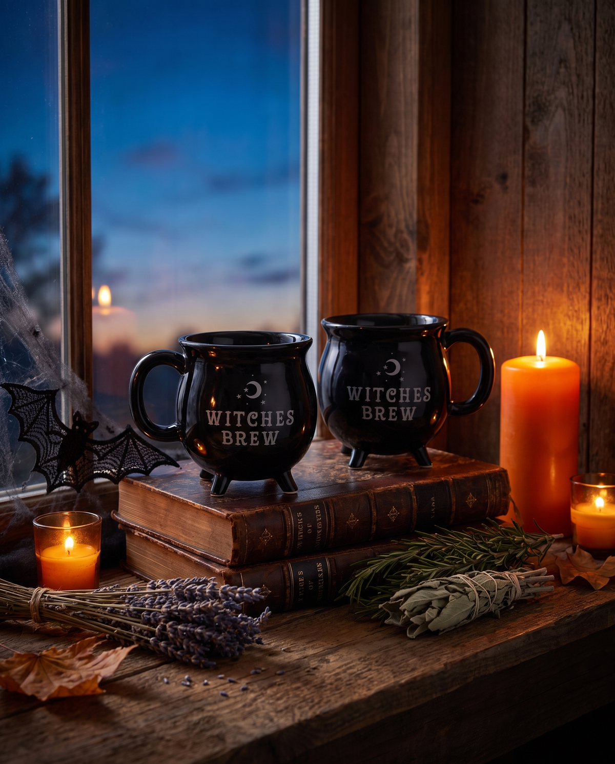 Two witch brew mugs on a stack of books