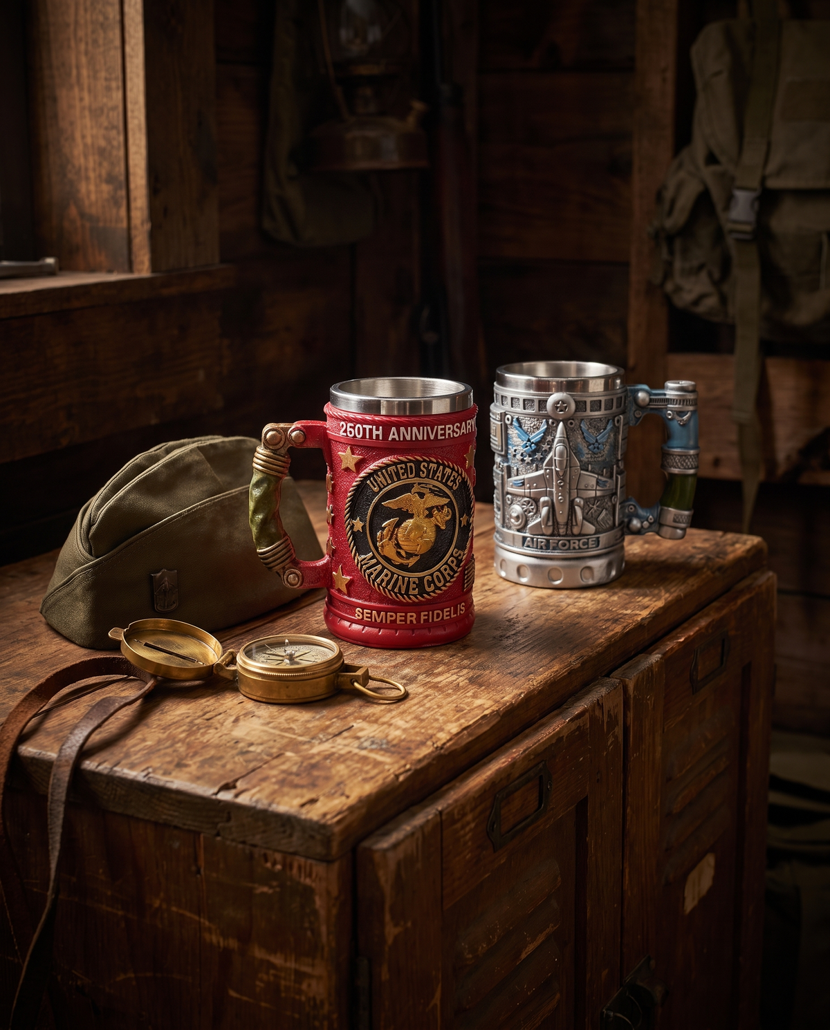 Two anchor mugs on a wooden locker