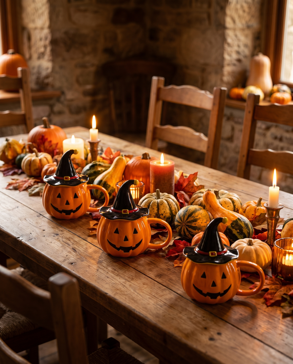 Three pumpkin mugs along a harvest table