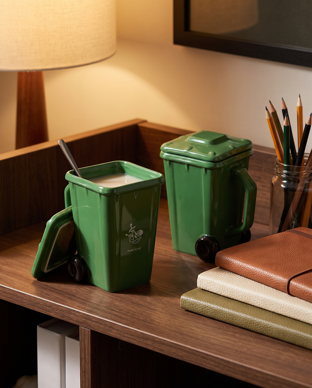 Two trash can mugs on a dark wood shelf