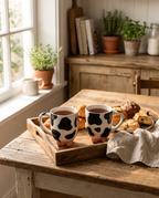 Two cow print mugs on a tray