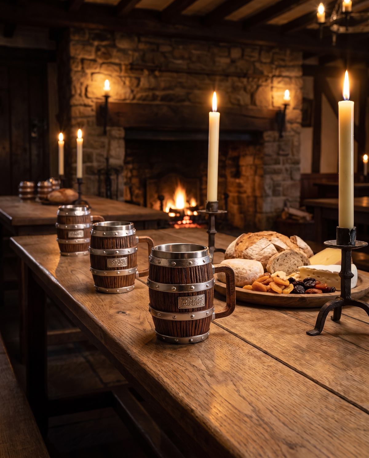 Three barrel tankards along a long tavern table