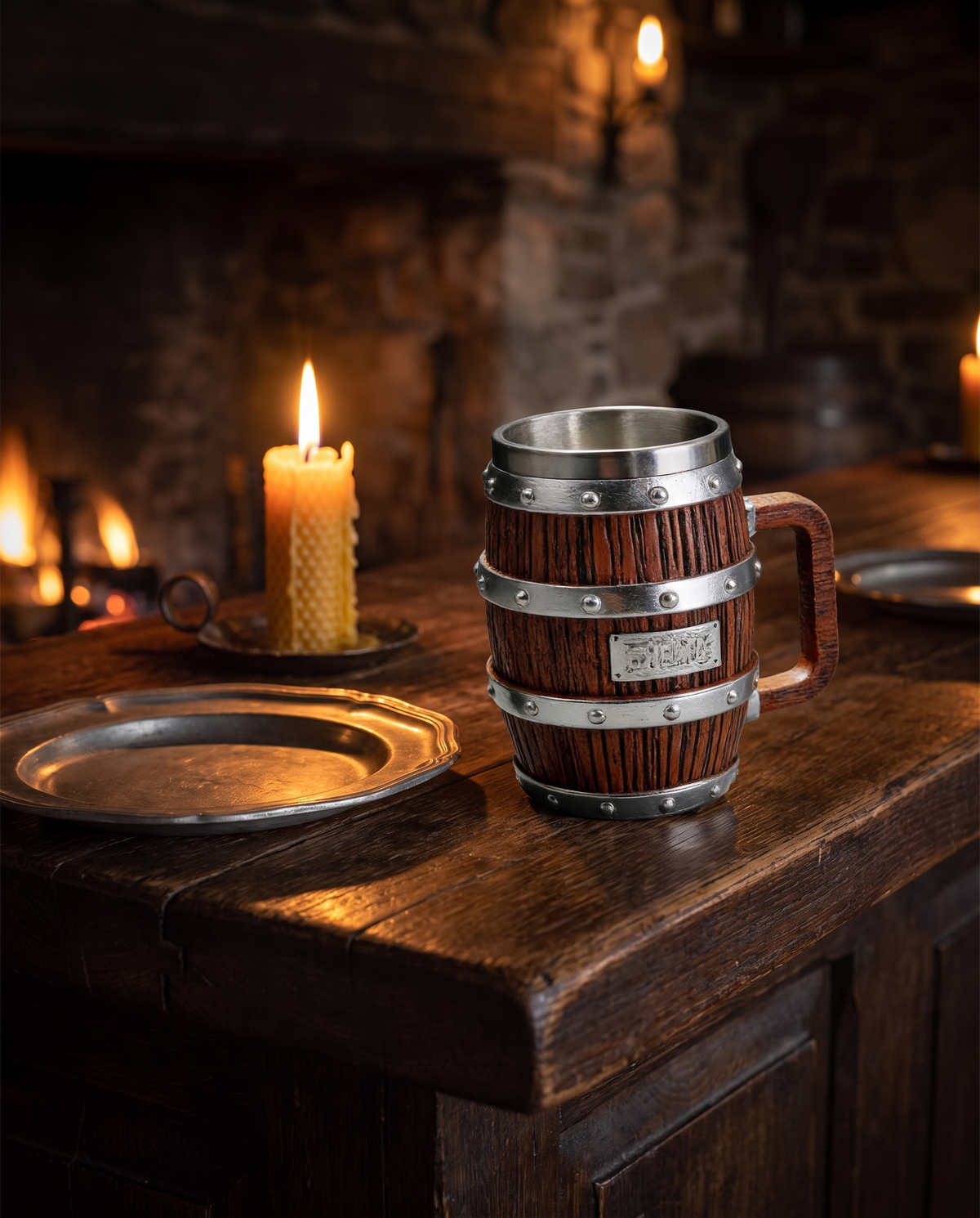 Barrel tankard on a tavern bar top