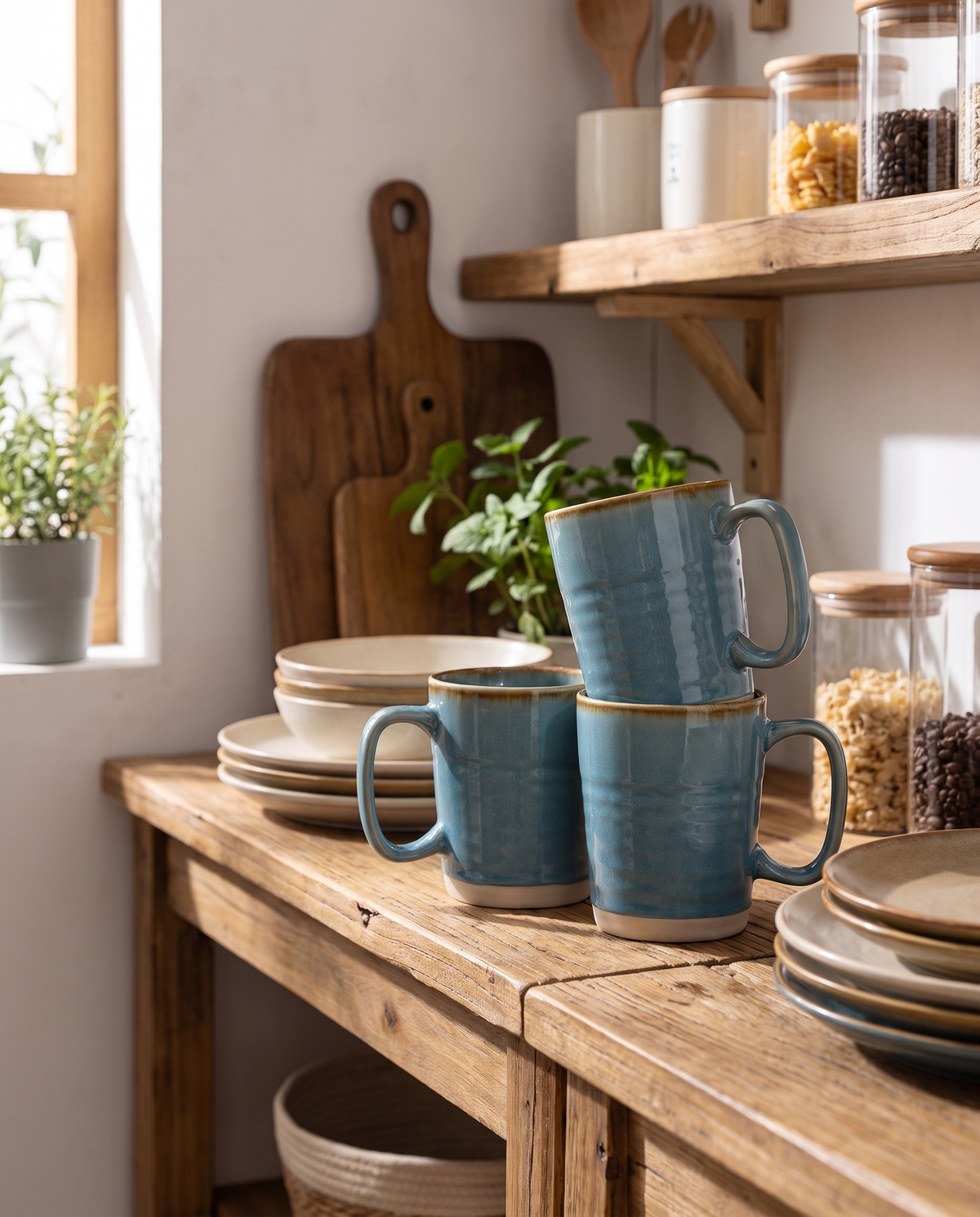 Three retro glaze mugs on a shelf