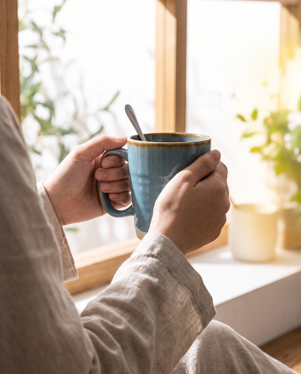 Retro glaze mug held by a window