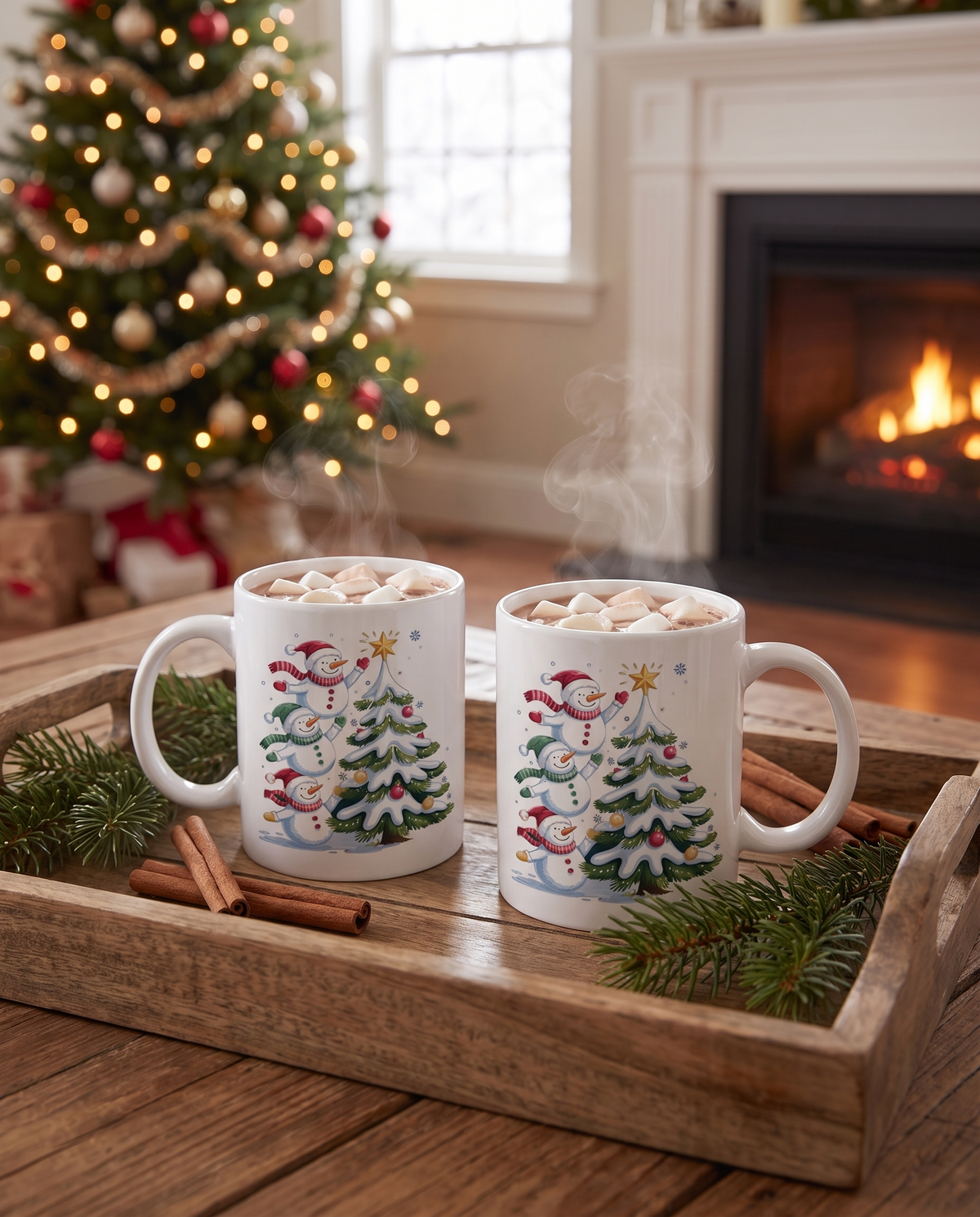 Two winter mugs on a cocoa tray