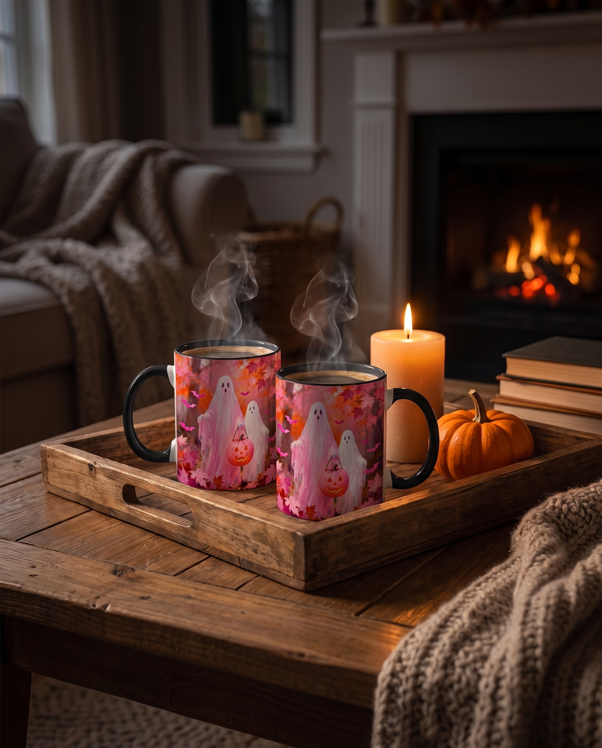 Two ghost mugs on a tray