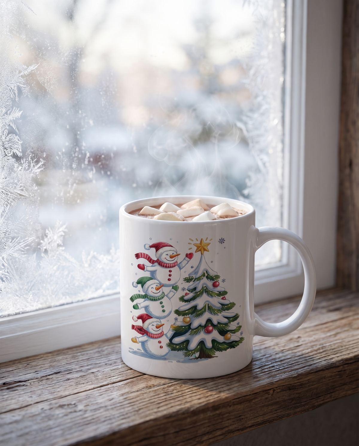 Winter mug on a frosted windowsill