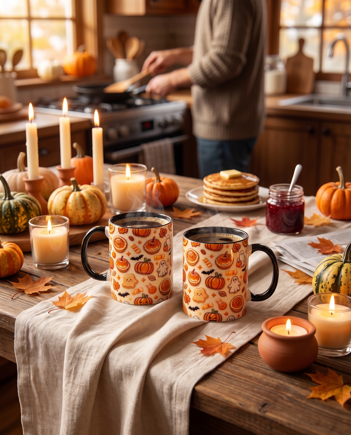 Two autumn mugs on a candlelit table