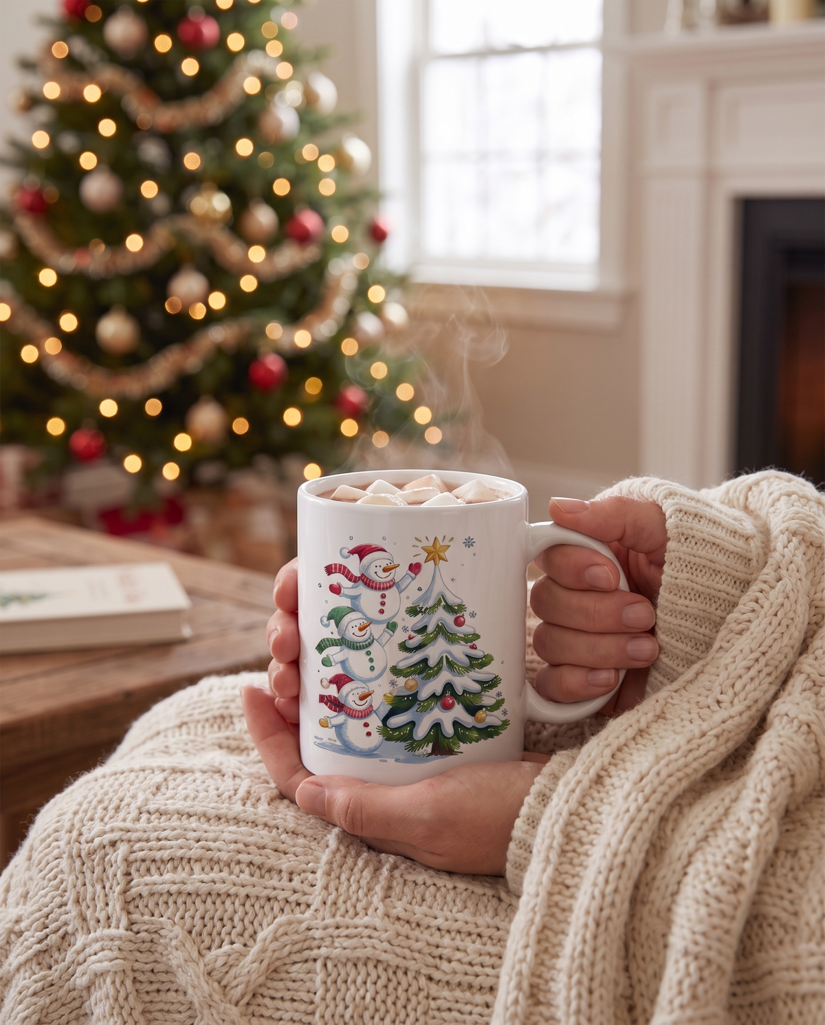 Winter mug held under a blanket