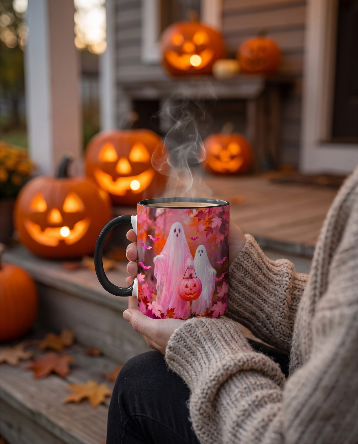 Ghost mug held on a porch at dusk