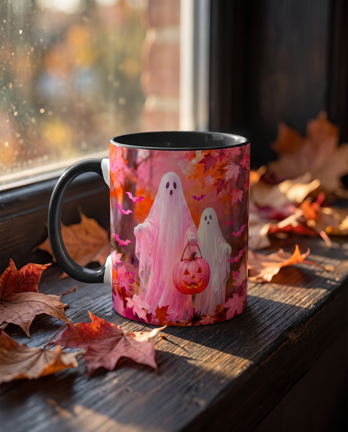 Ghost mug on a windowsill