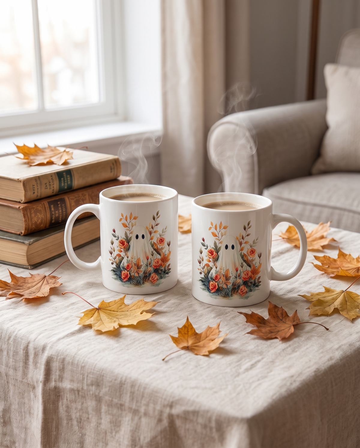 Two watercolour mugs on linen