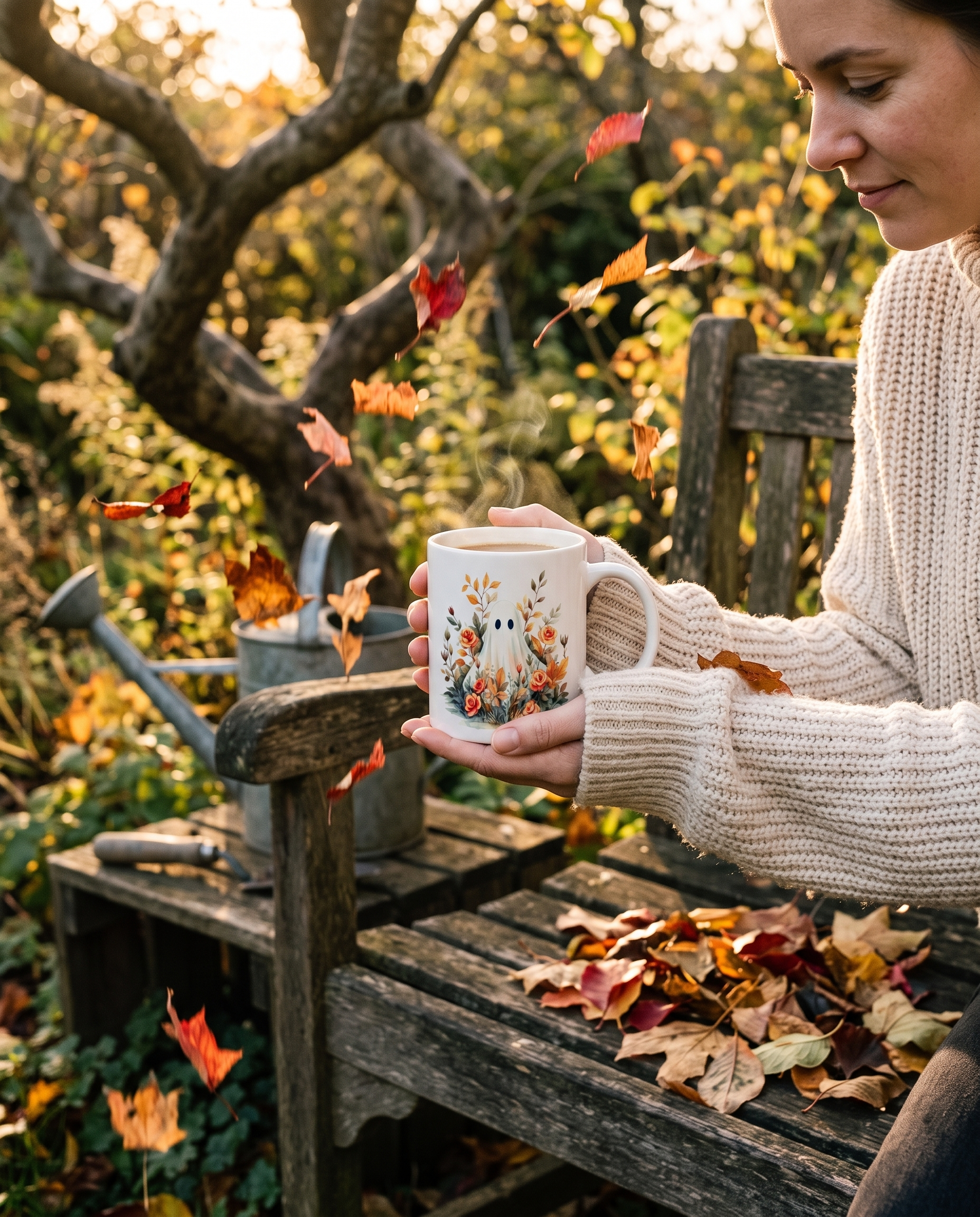 Watercolour mug held on a garden bench
