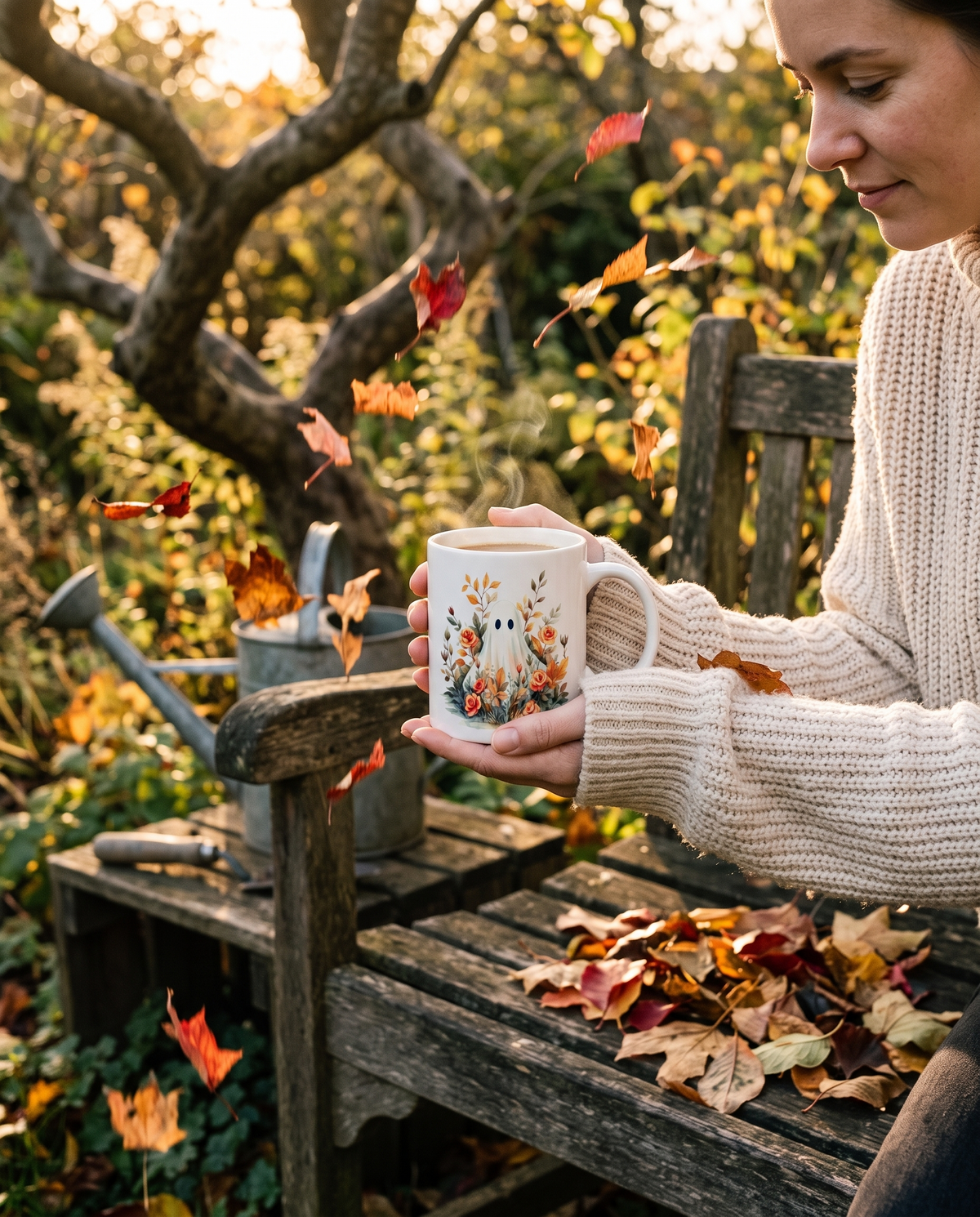 Watercolour mug held on a garden bench