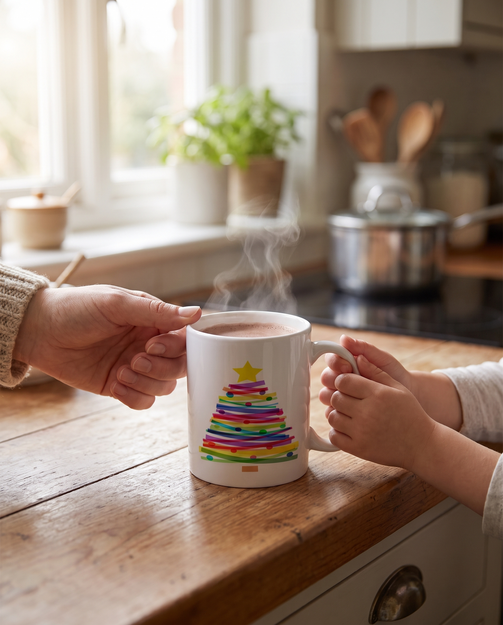 Mug passed across a kitchen counter