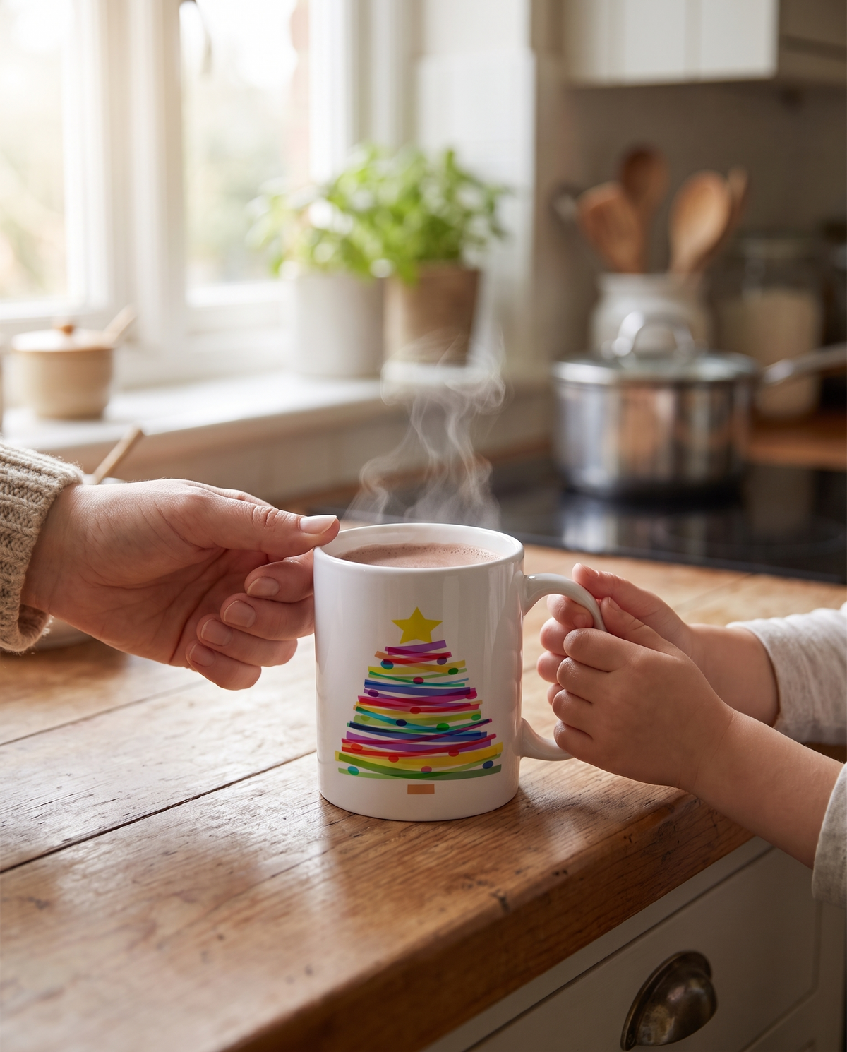 Mug passed across a kitchen counter