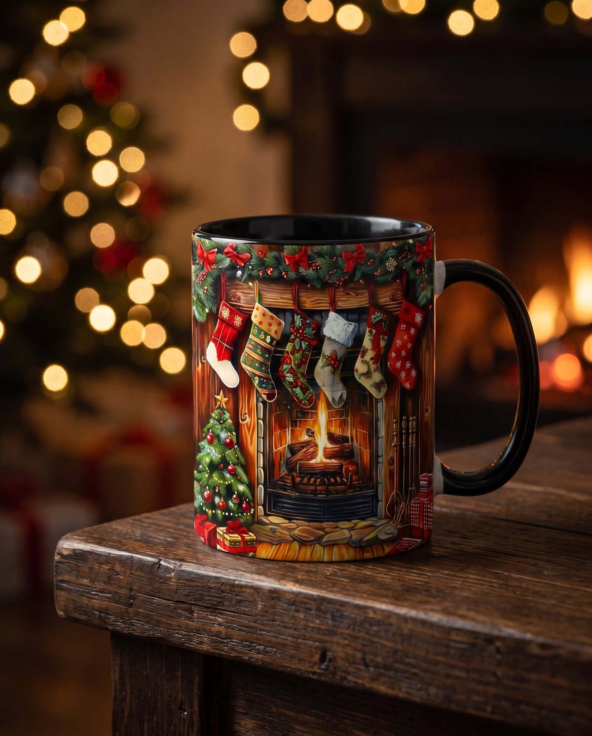 Illustrated mug on a mantel